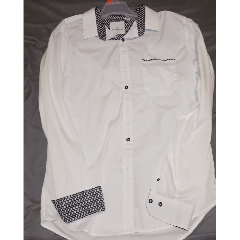 Craft Flow  Button Up Shirt Medium Contrast Floral Cuffs And Pocket White Mens